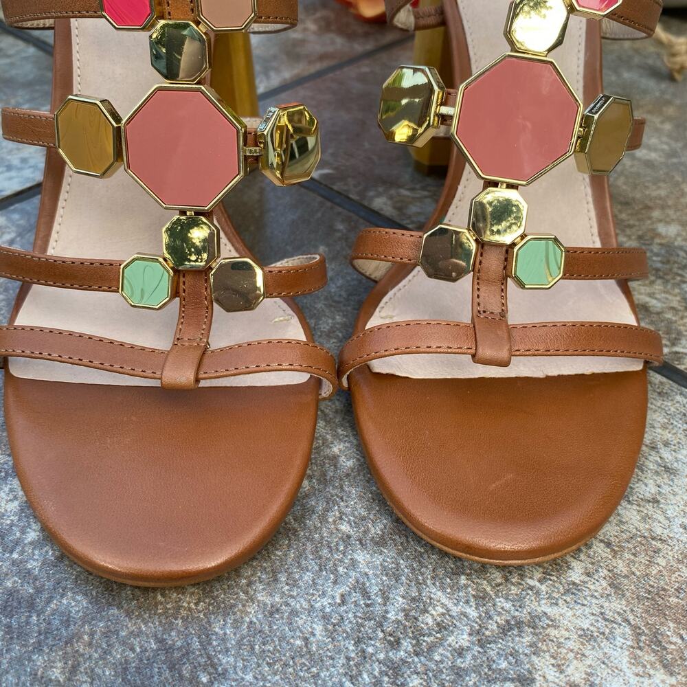 Louise et Cie Leather Jeweled T-Strap Gladiator Block Heel Sandals Cognac Brown - Picture 6 of 13